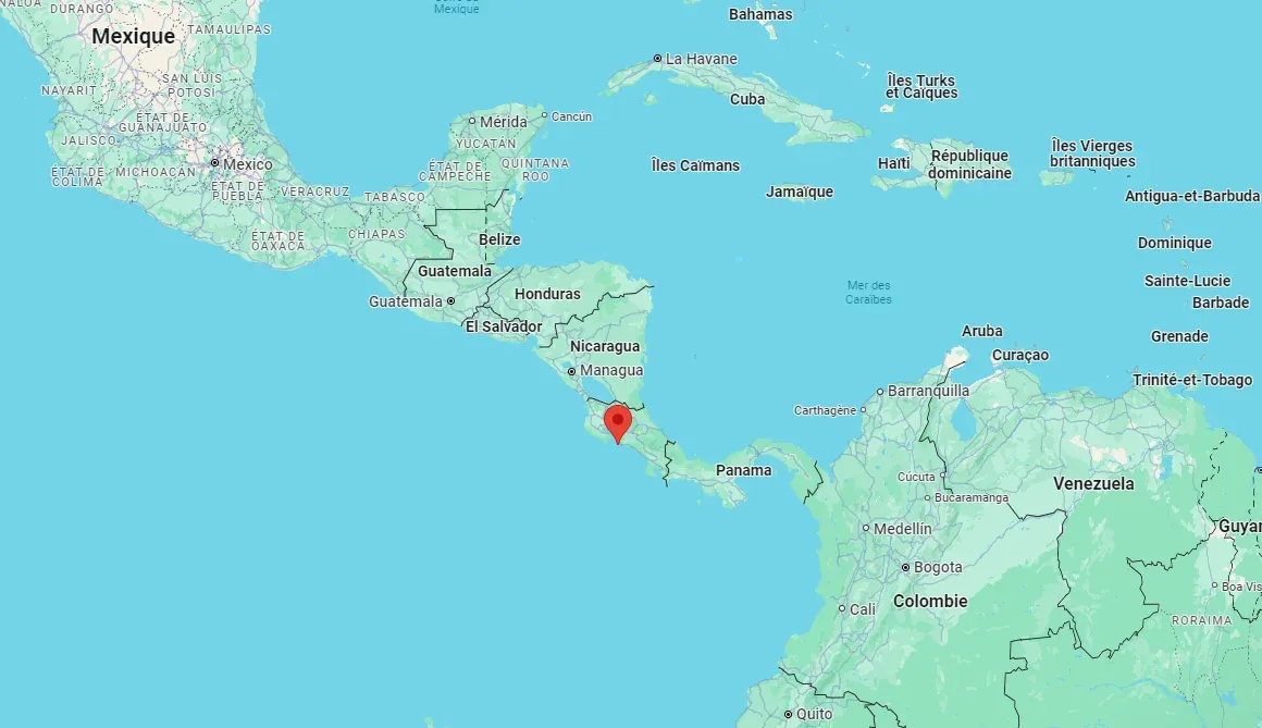 Carte de l'Amérique centrale, Jaco signalé sur la côte pacifique du Costa Rica